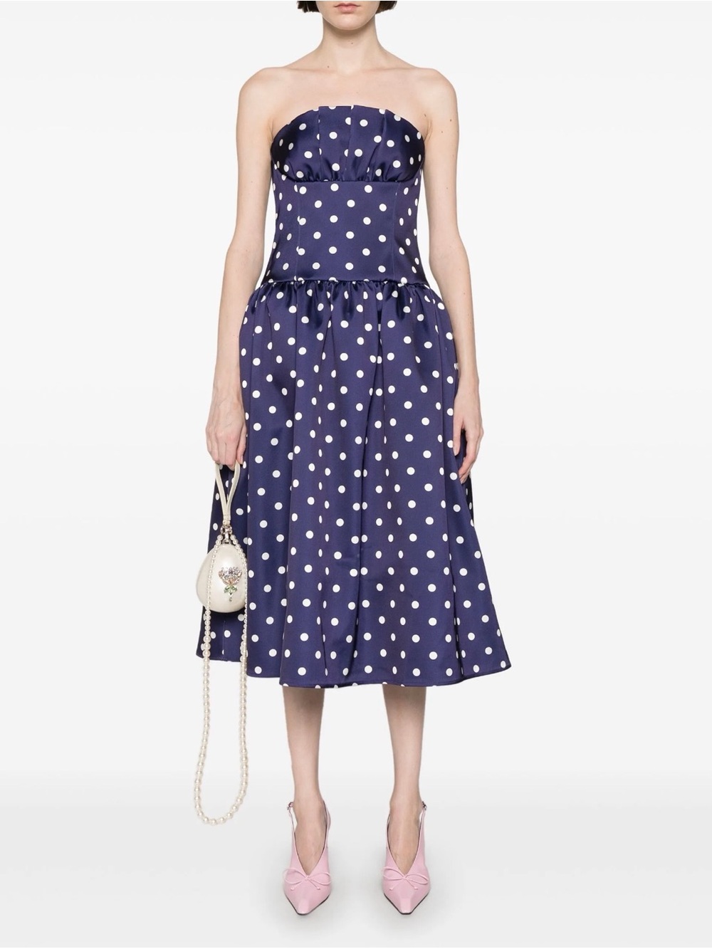 Self-Portrait Navy and White Strapless Polka Dot Midi Dress
